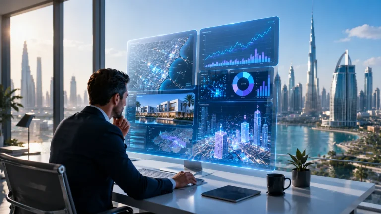Real estate advisor using AI-powered analytics to evaluate property investment opportunities in a modern smart office.
