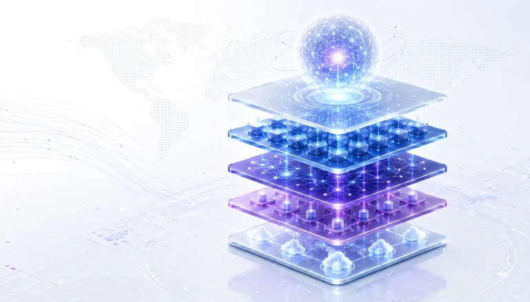 Conceptual illustration of a decentralized AI infrastructure stack featuring cloud computing, GPU computing, AI coordination, and autonomous AI systems.