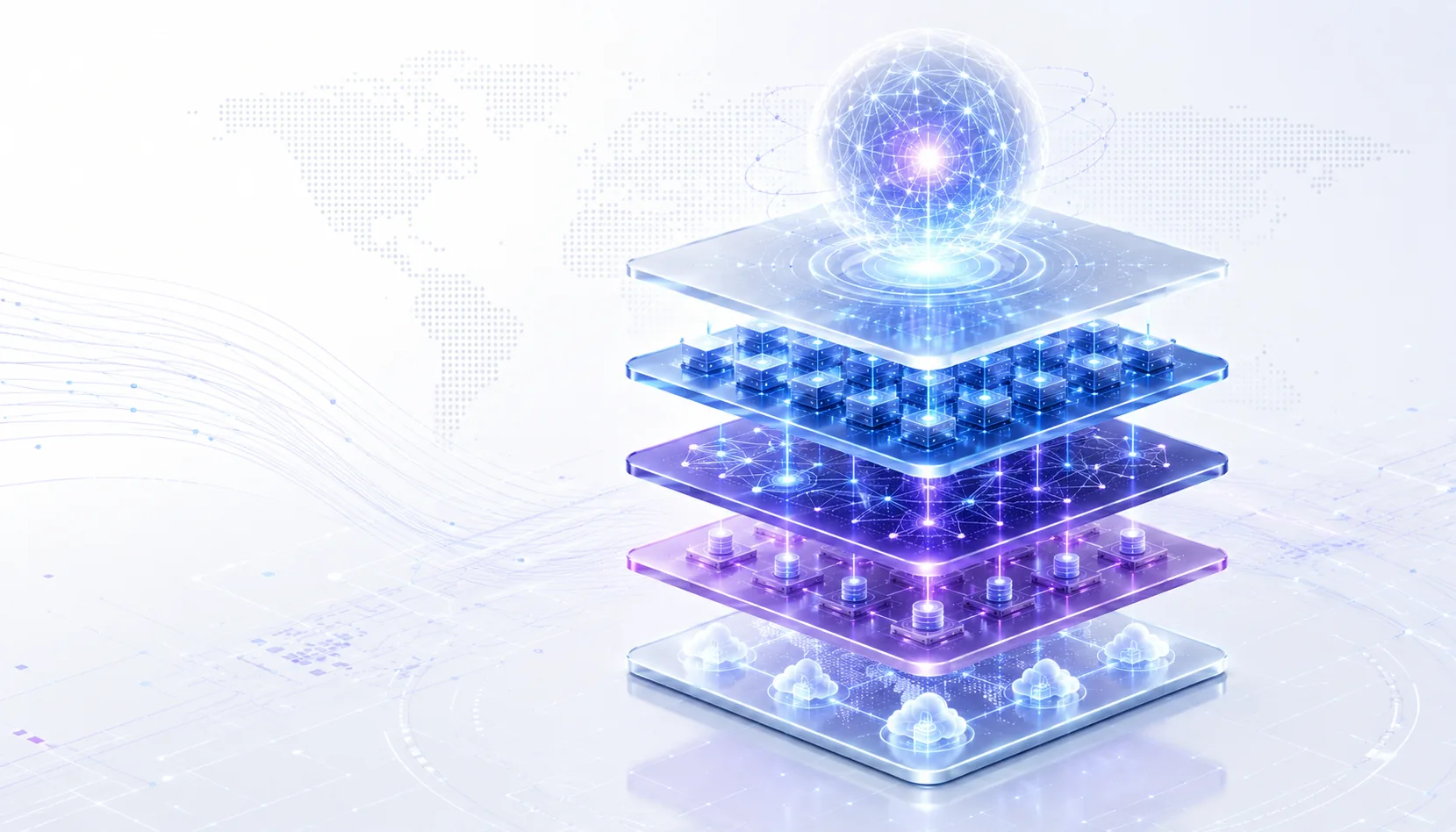Conceptual illustration of a decentralized AI infrastructure stack featuring cloud computing, GPU computing, AI coordination, and autonomous AI systems.