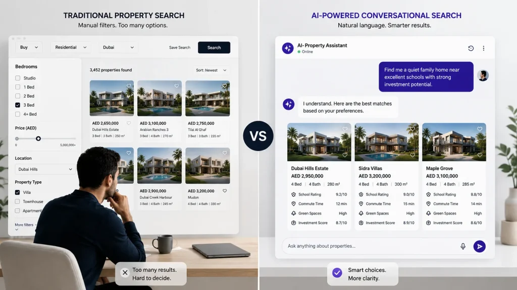 Comparison between traditional property search filters and an AI-powered conversational real estate assistant.