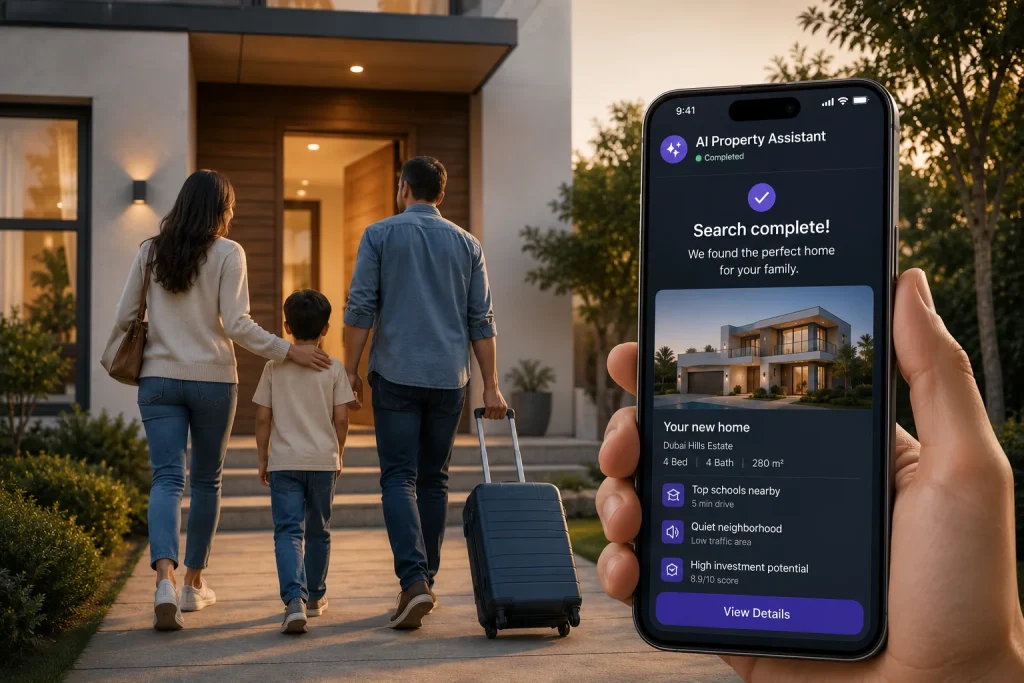 A family entering their new home while an AI-powered real estate assistant on a smartphone confirms the perfect property match.