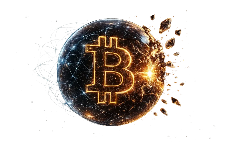 A glowing Bitcoin symbol inside a transparent financial bubble surrounded by AI neural network connections, illustrating the relationship between artificial intelligence and cryptocurrency market volatility.