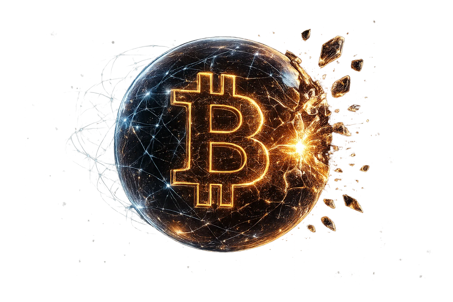 A glowing Bitcoin symbol inside a transparent financial bubble surrounded by AI neural network connections, illustrating the relationship between artificial intelligence and cryptocurrency market volatility.
