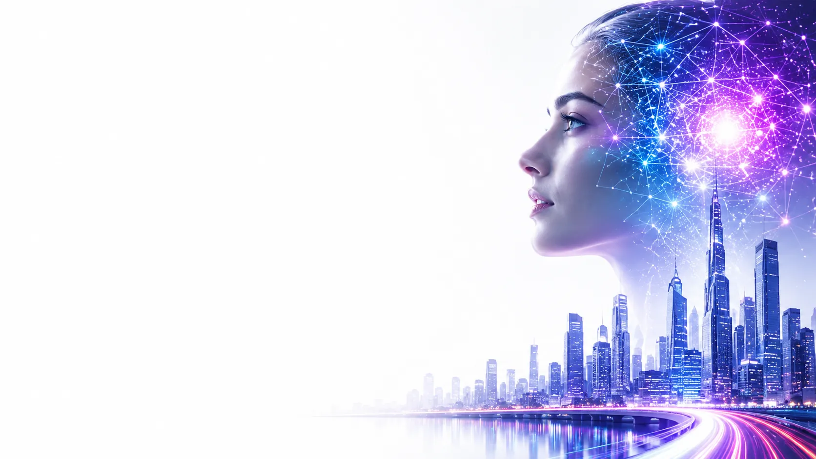 Human profile with AI neural network and futuristic smart city