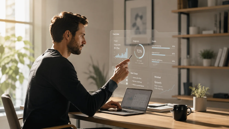 Professional using an AI coaching interface to track personal growth, goals, and decision-making in a modern workspace.