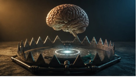 Human brain suspended above an open mechanical trap symbolizing the hidden efficiency trap of AI-assisted thinking and cognitive dependency.