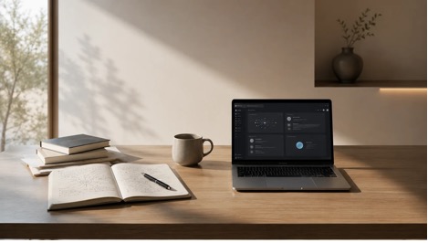 Minimalist workspace showing handwritten notes beside an AI assistant interface, illustrating cognitive offloading and the balance between human reasoning and AI-assisted efficiency.