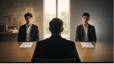 Two job candidates with similar reports during an interview, illustrating the difference between genuine understanding and AI-assisted output.