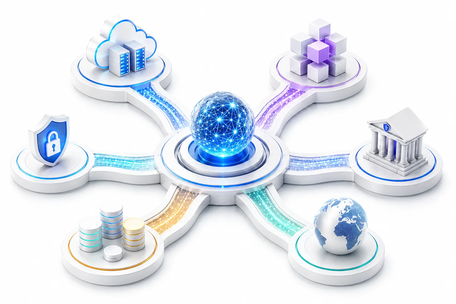 Editorial illustration showing the future machine economy where autonomous AI systems, cloud infrastructure, digital identity, secure financial networks, and connected devices exchange information and value through interoperable infrastructure.