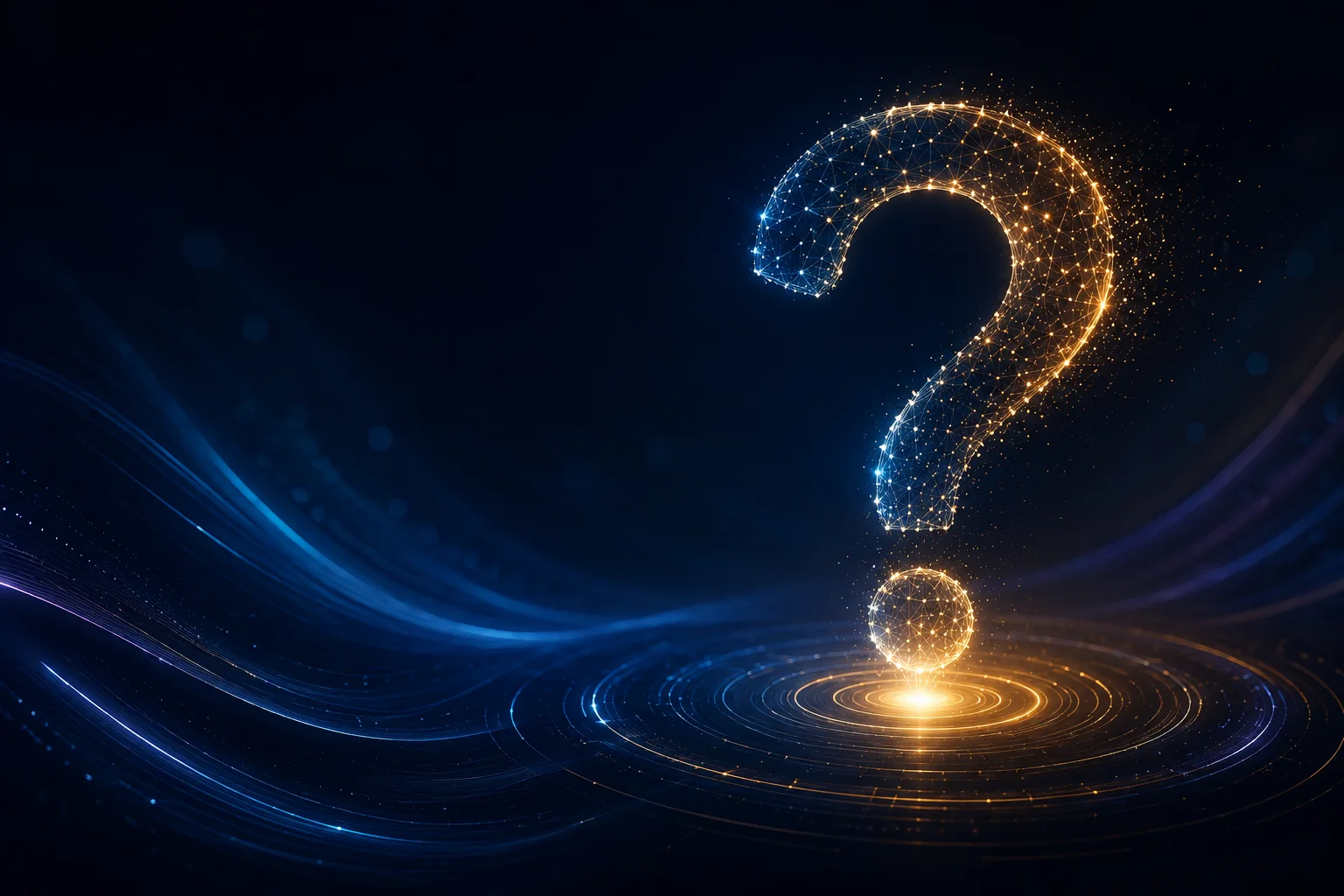 Abstract AI curiosity engine illustration featuring a glowing neural question mark symbolizing curiosity, innovation, and critical thinking in the age of artificial intelligence.