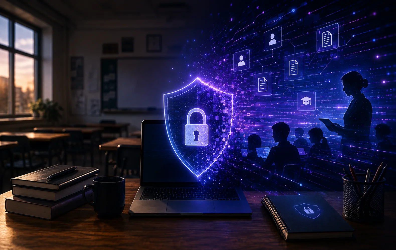 Illustration showing student data leaving a school through personal AI accounts, highlighting privacy and governance risks in education.