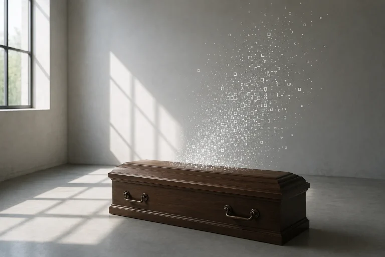 Conceptual illustration of digital immortality showing a human facing an AI-generated digital replica made from memories and data.