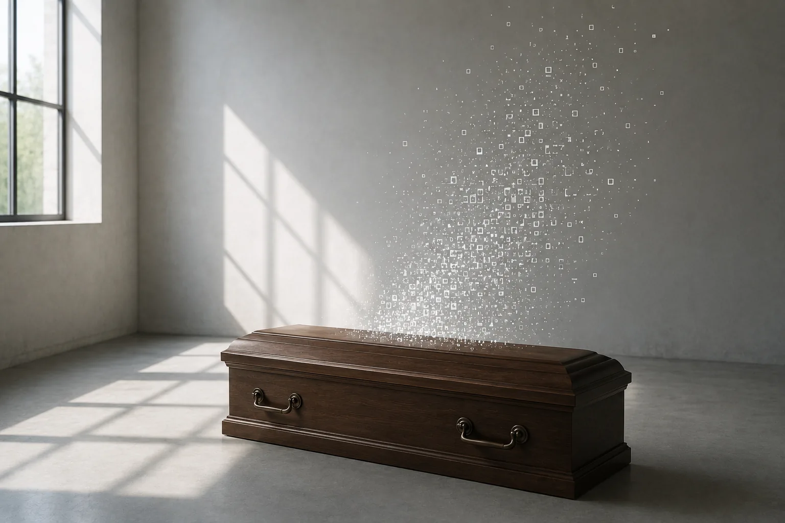 Conceptual illustration of digital immortality showing a human facing an AI-generated digital replica made from memories and data.