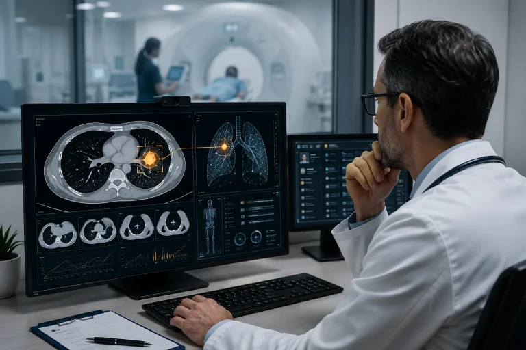 Doctor reviewing AI-assisted medical imaging and patient scan data in a modern hospital