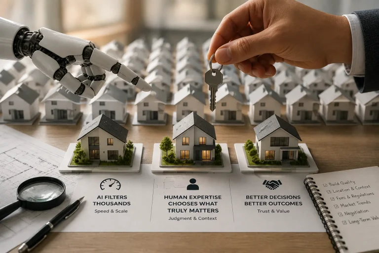 Real estate advisor using AI-powered analytics to evaluate property investment opportunities in a modern smart office.