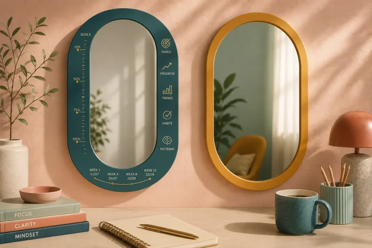 Two mirrors contrasting AI-measured progress with the deeper complexity of human growth and self-reflection