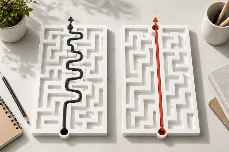 Two mazes contrasting a complex human thinking path with a direct AI shortcut