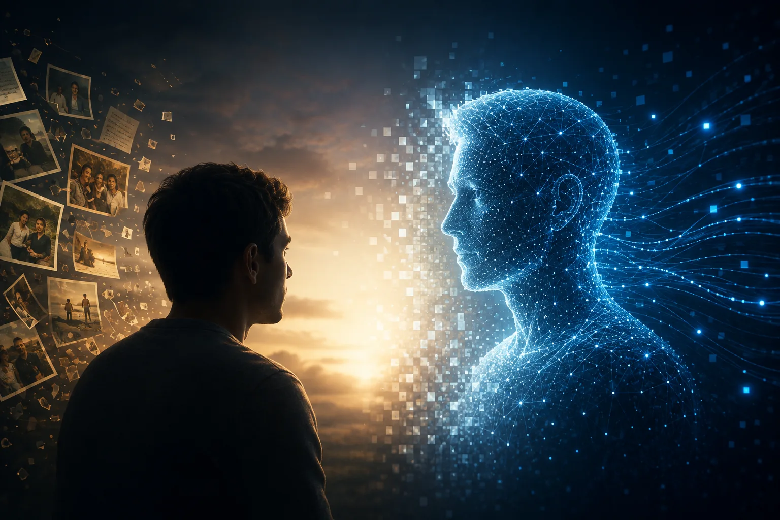 Conceptual illustration of digital immortality showing a human facing an AI-generated digital replica made from memories and data.
